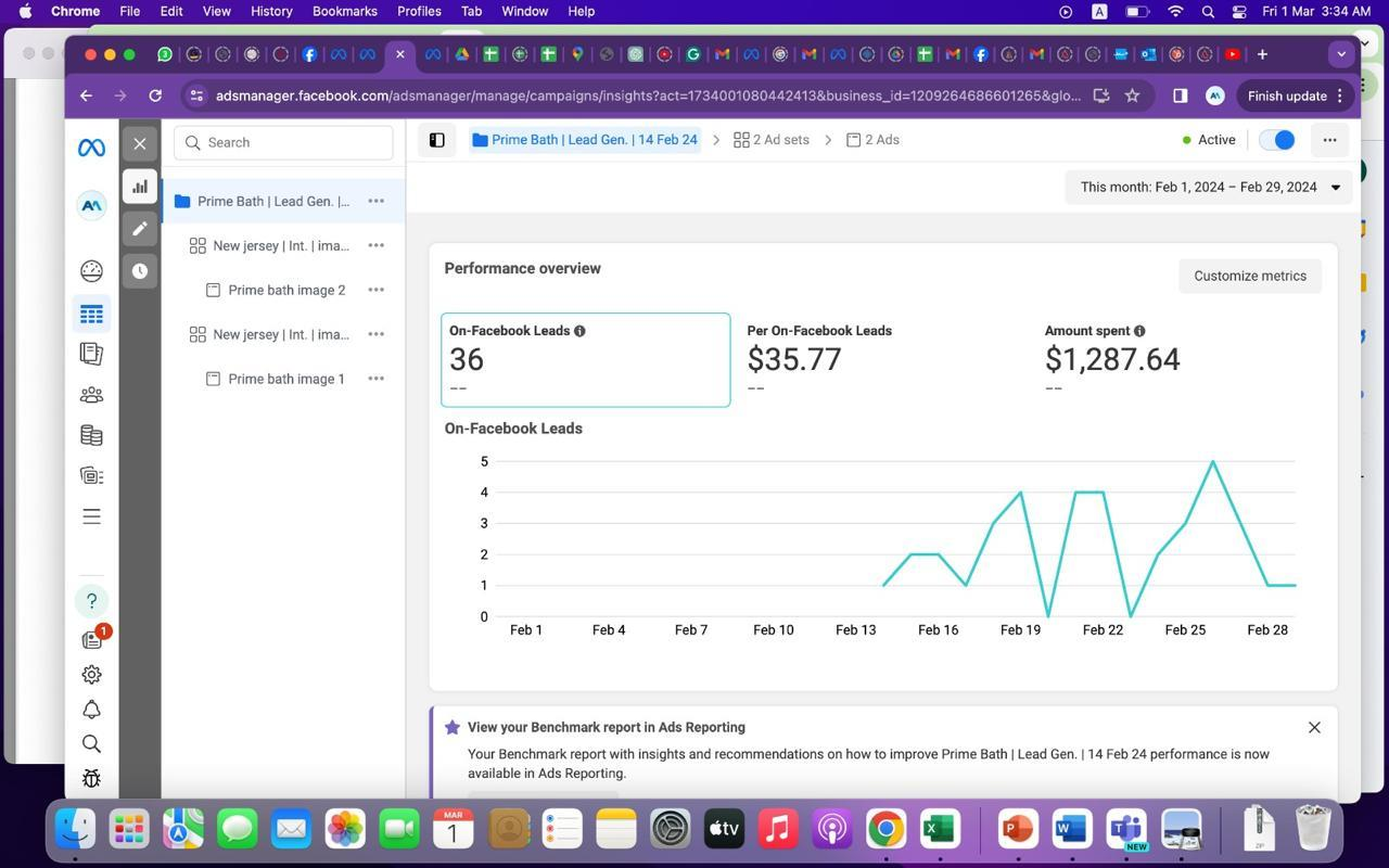 Facebook Ads performance results showing 36 leads generated